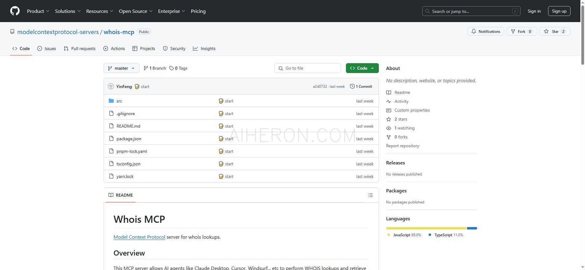 Model Context Protocol server for whois lookups.This MCP server allows AI agents like Claude Desktop, Cursor, Windsurf,.. etc to perform WHOIS lookups and retrieve domain details.
Purpose You can directly ask the AI to check if a domain is available, who owns it, when it was registered, and other important details. No need to go to browser and search.
What is a WHOIS Lookup? A WHOIS lookup is the process of querying a WHOIS database to retrieve registration details about a domain name, IP address, or autonomous system. It helps users find out who owns a domain, when it was registered, when it expires, and other important details.