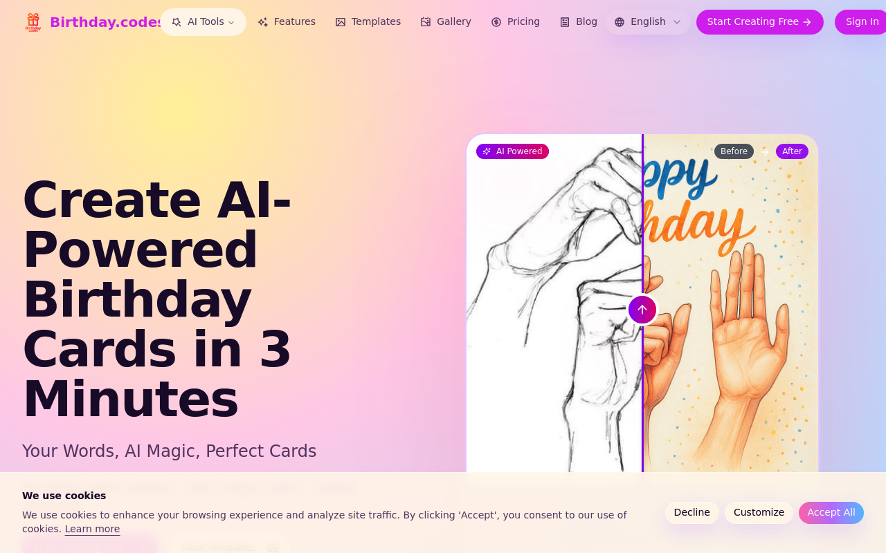 Birthday.codes - AI Birthday Card Generator | Hand-Drawn to Professional