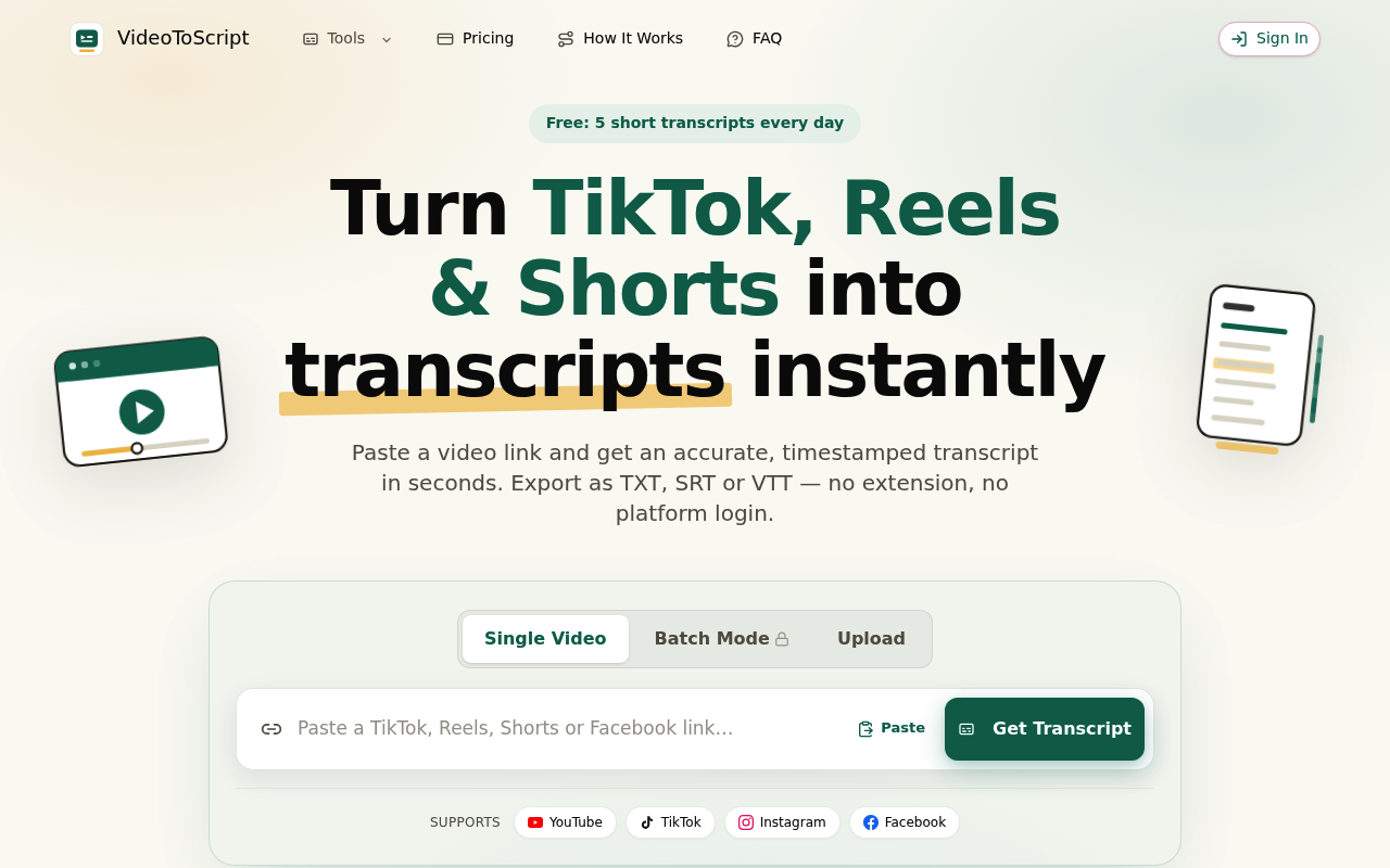 VideoToScript — Free TikTok, Reels & Shorts Transcript Generator