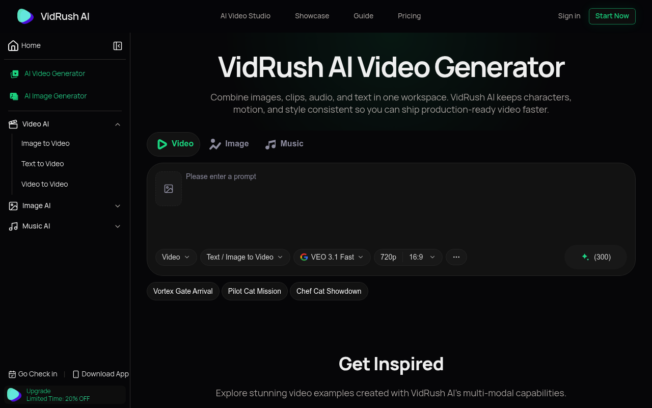 VidRush AI — AI Long Video Generator | Up to 30s
